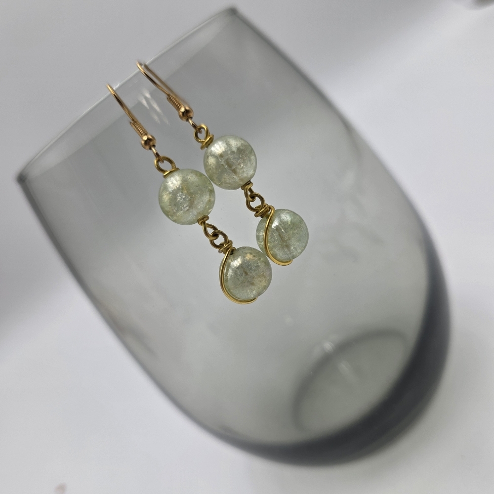 Handmade Light Green Dangle Earrings | Sparkling Beaded Drop Jewelry - Picture 3 of 5